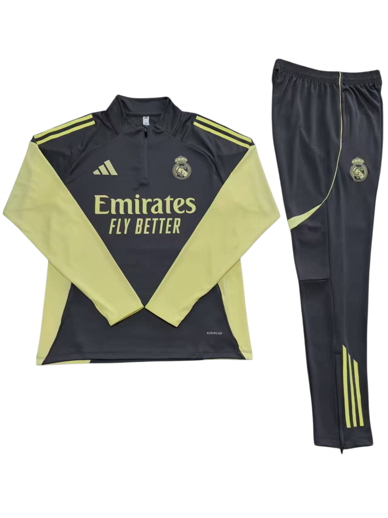 Real Madrid 25/26 Adidas Kids Tracksuit – Dark Grey & Yellow