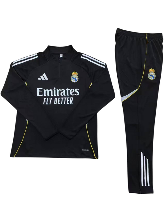 Real Madrid 25/26 Adidas Kids Tracksuit – Black & Yellow