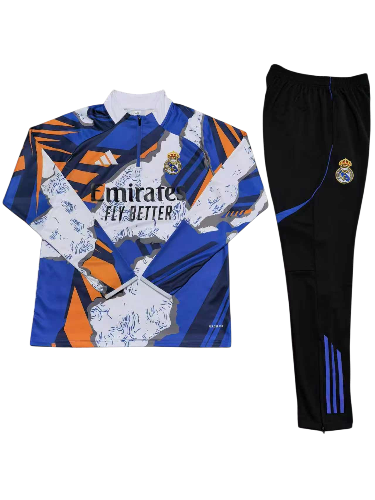 Real Madrid 25/26 Adidas Kids Tracksuit – Blue, Orange & Black Abstract Design