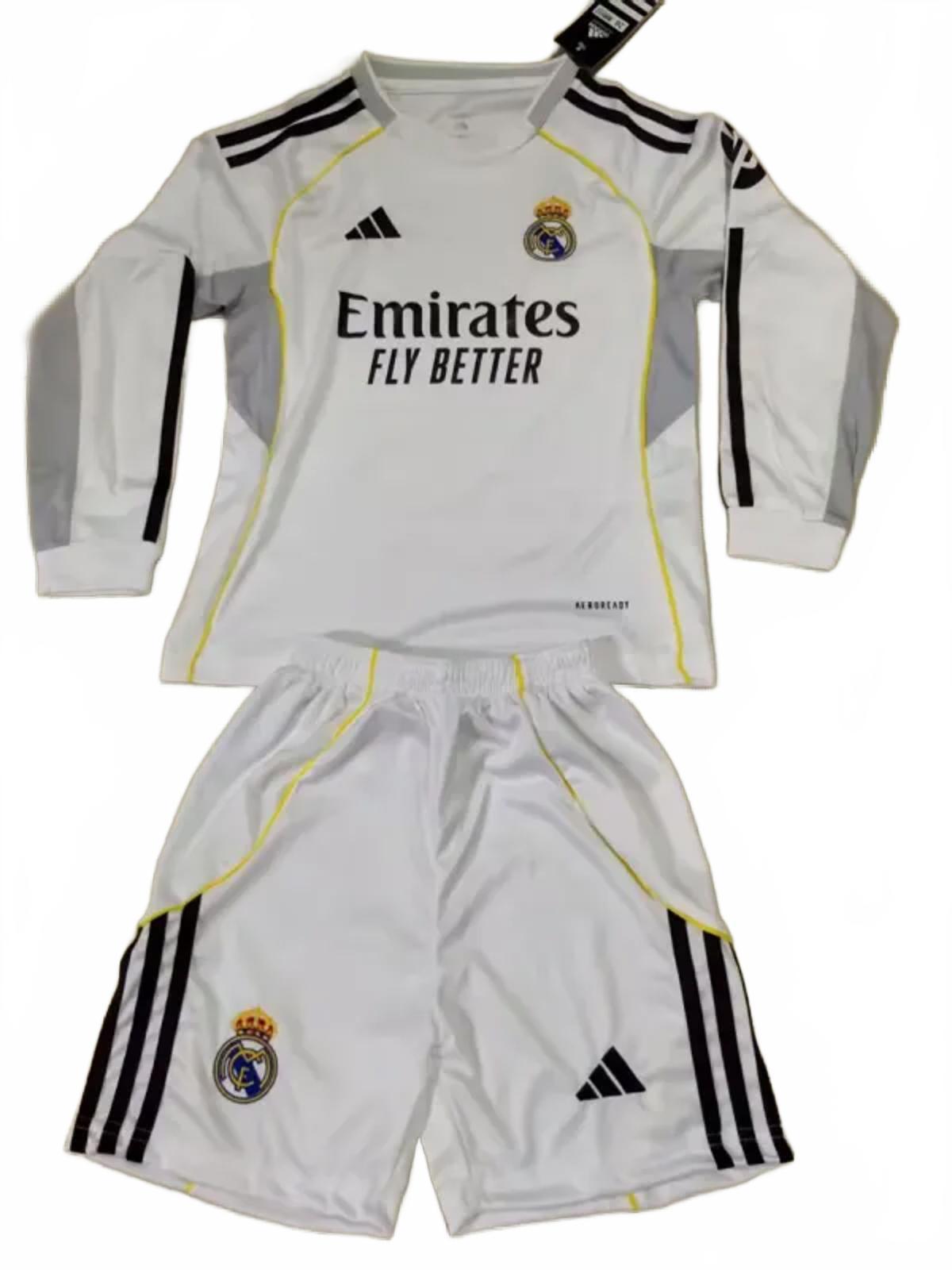 Real Madrid 25/26 Adidas Kids Long Sleeve Home Kit - White - inc Socks