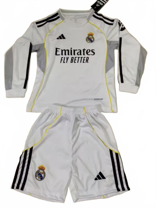 Real Madrid 25/26 Adidas Kids Long Sleeve Home Kit - White - inc Socks