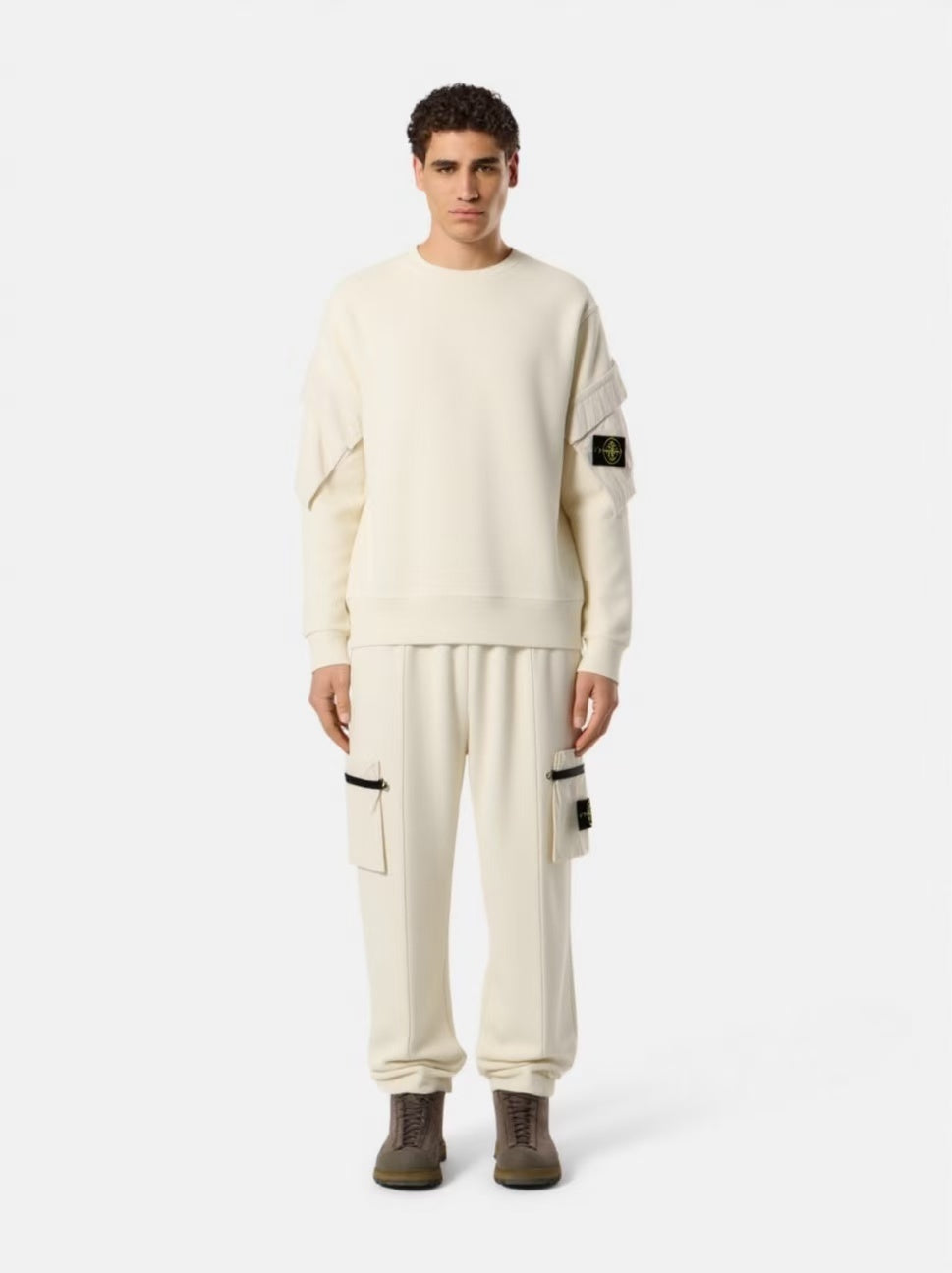Stone Island Regular-fit Crewneck Sweatshirt in Natural Organic Cotton Fleece with Sleeve Pockets