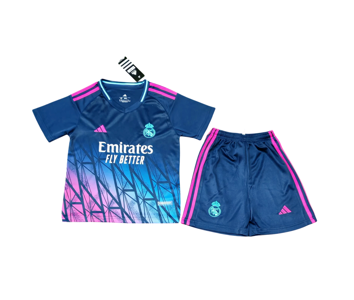 Real Madrid 25/26 Adidas Kids Special Edition Kit - Navy & Pink - Inc Socks