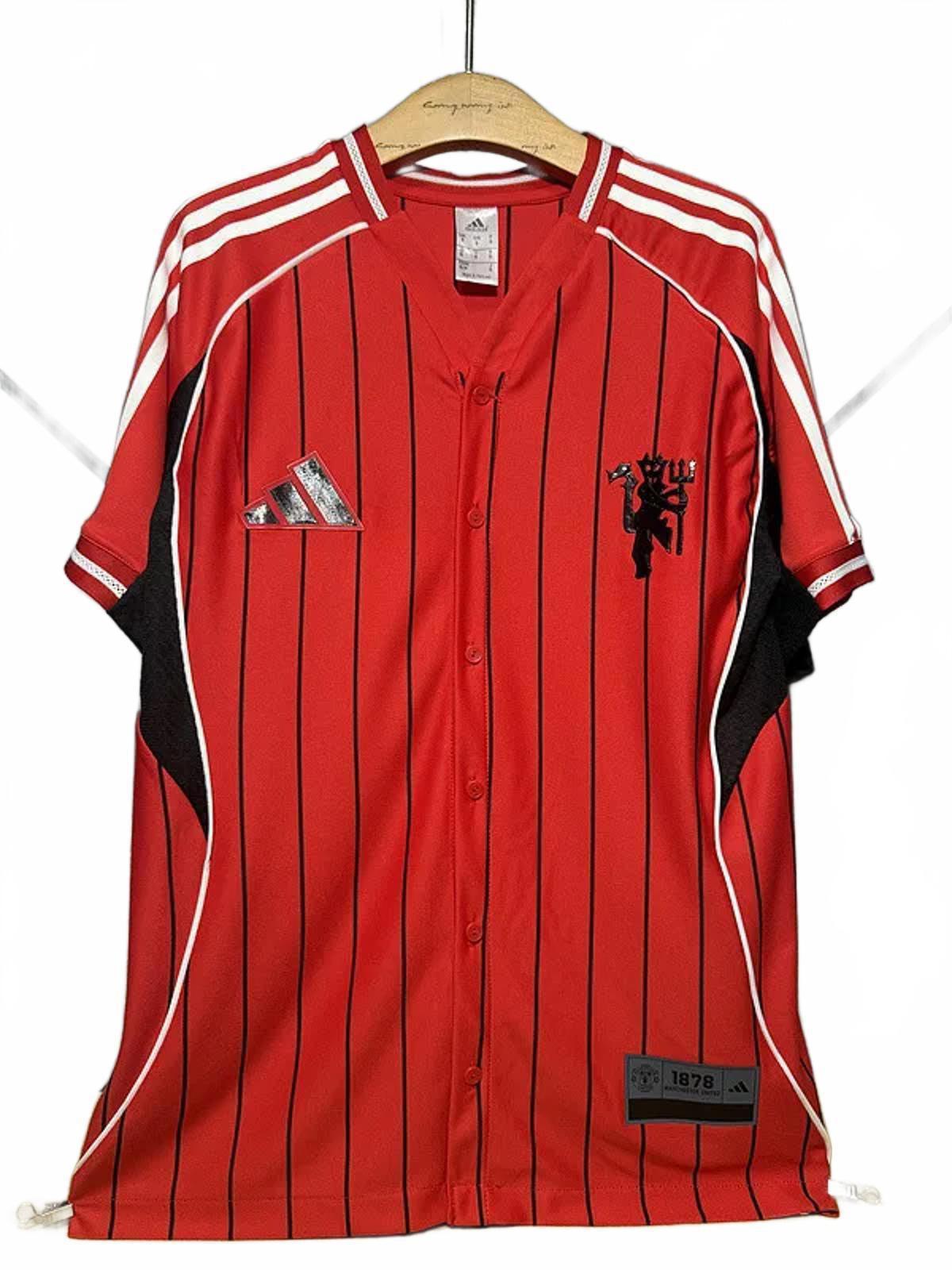 Manchester United 25/26 Adidas Baseball Jersey - Red Pinstripe