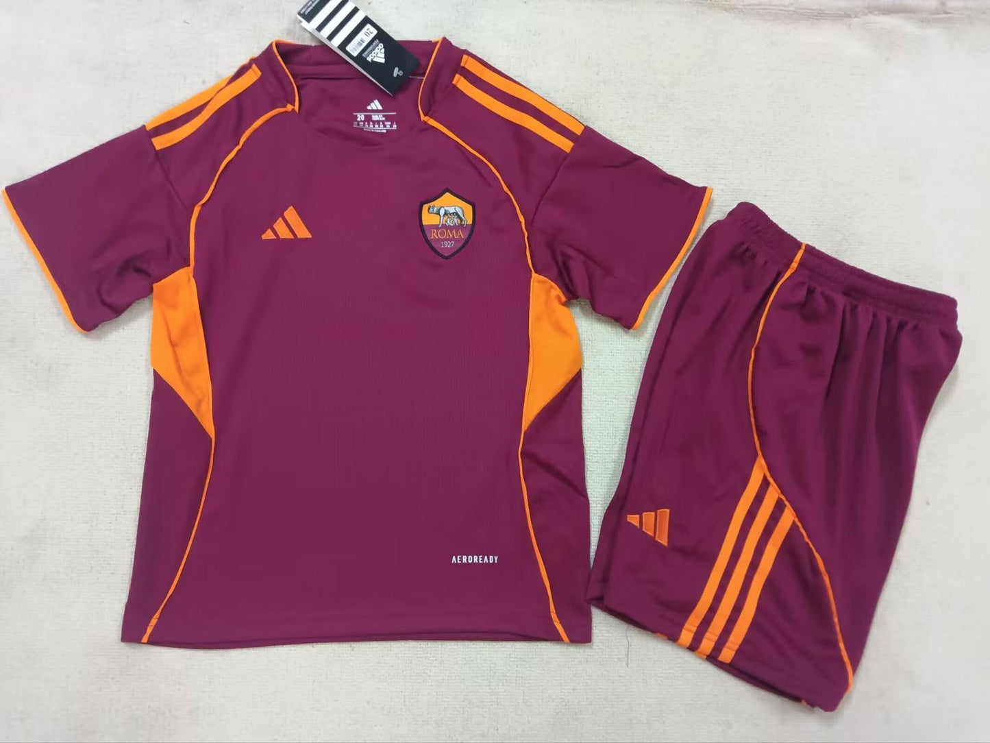 Roma 25/26 Adidas Kids Home Kit - Dark Red - Inc Socks