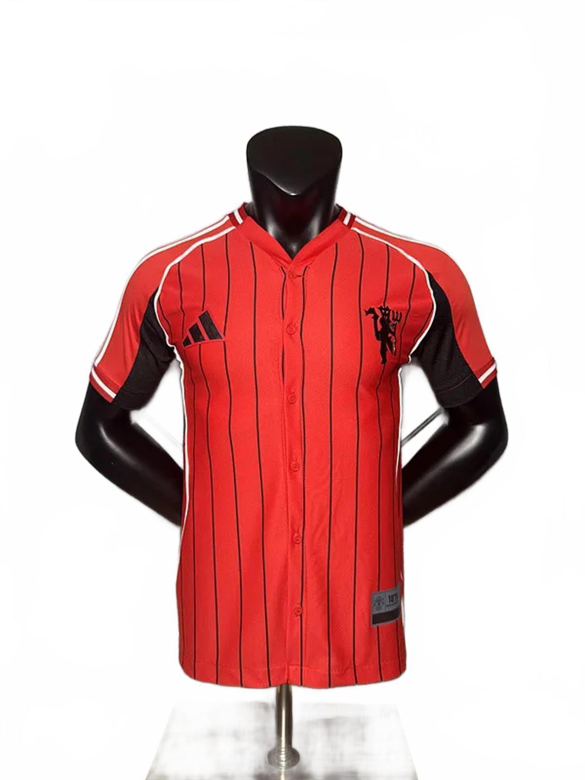 Manchester United 25/26 Adidas Baseball Jersey - Red Pinstripe
