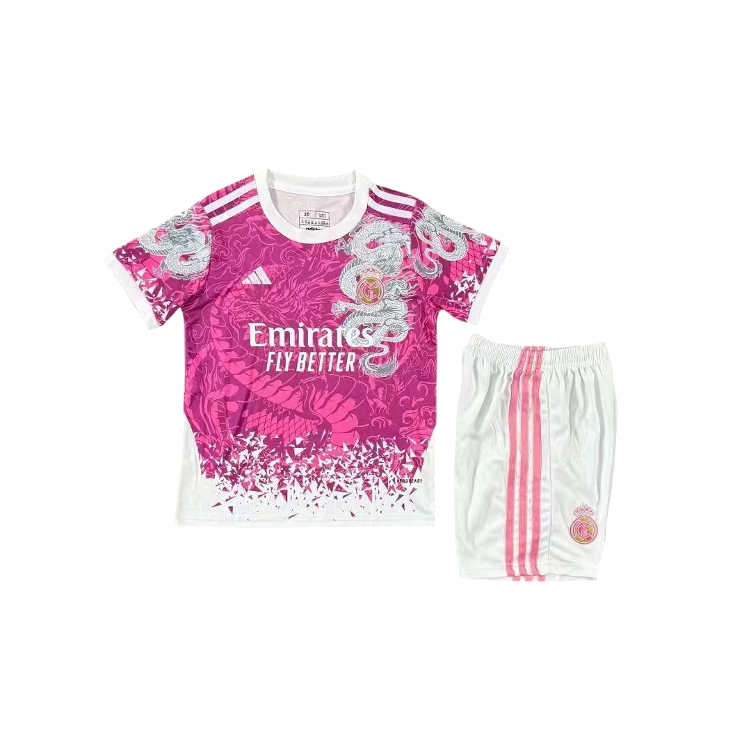 Real Madrid 25/26 Adidas Kids Special Edition Kit - Pink & White - Inc Socks