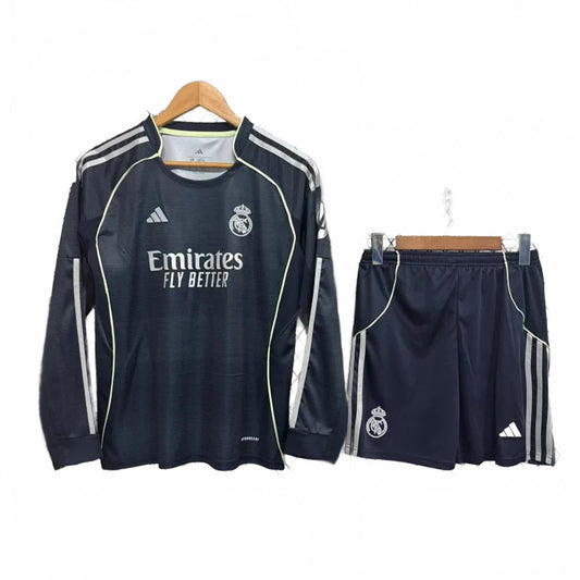 Real Madrid 25/26 Adidas Kids Long Sleeve Away Kit - Black - Inc Socks