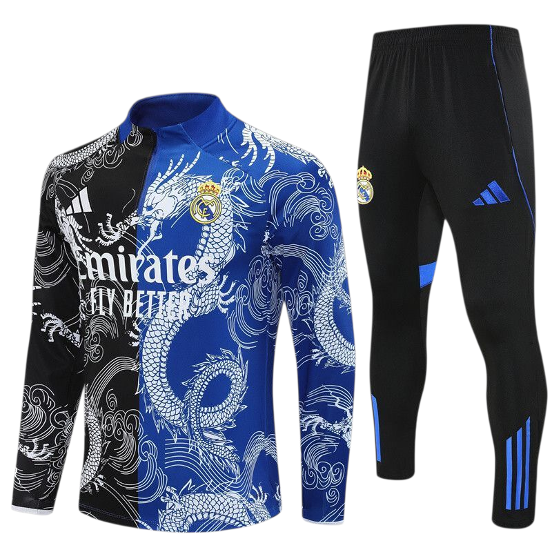 Real Madrid 25/26 Adidas Kids Tracksuit – Blue & Black Dragon Design