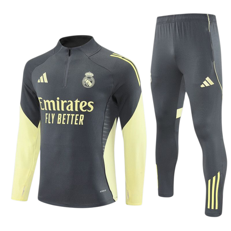 Real Madrid 25/26 Adidas Kids Tracksuit – Dark Grey & Yellow
