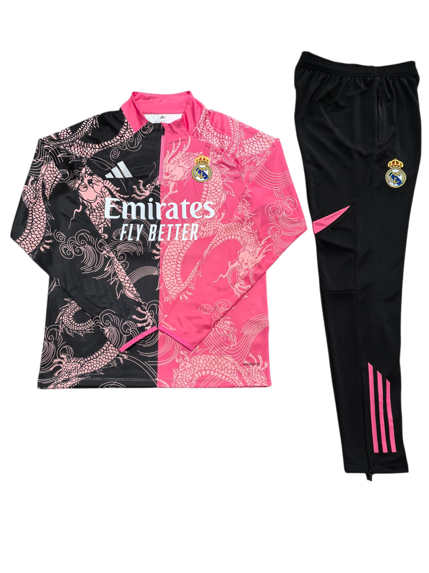 Real Madrid 25/26 Adidas Kids Tracksuit – Pink & Black Dragon Design