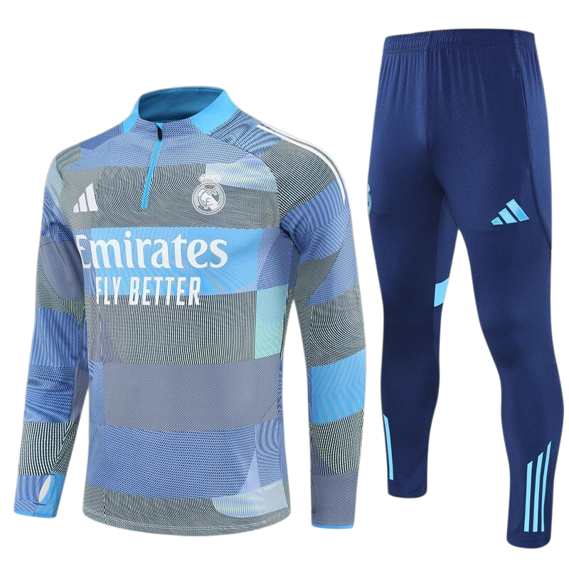 Real Madrid 25/26 Adidas Kids Tracksuit – Blue Geometric Design