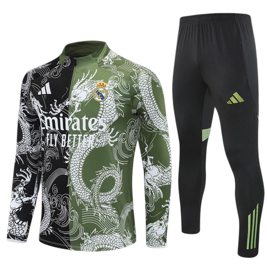 Real Madrid 25/26 Adidas Kids Tracksuit – Green & Black Dragon Design