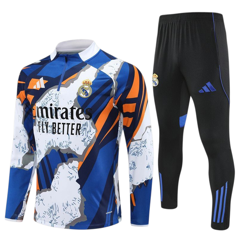 Real Madrid 25/26 Adidas Kids Tracksuit – Blue, Orange & Black Abstract Design