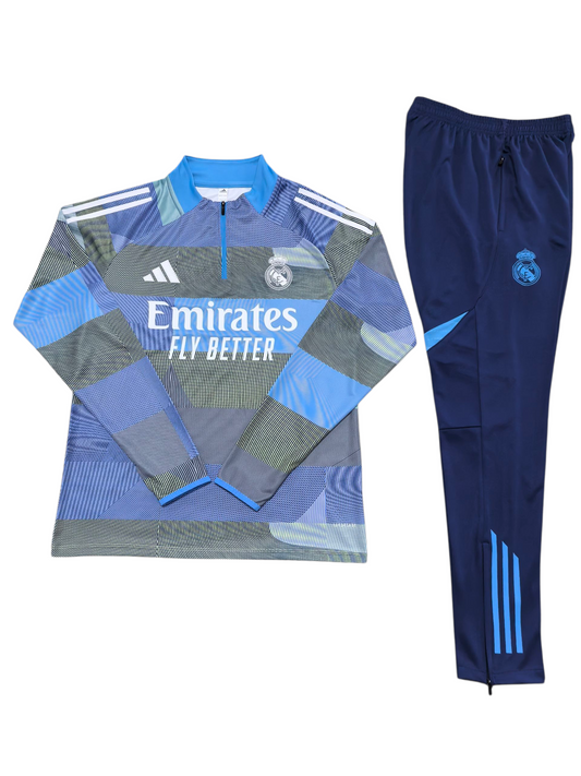 Real Madrid 25/26 Adidas Kids Tracksuit – Blue Geometric Design