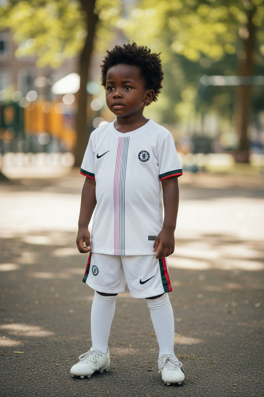 Chelsea FC 25/26 Nike Kids' Away Kit - White - Inc Socks